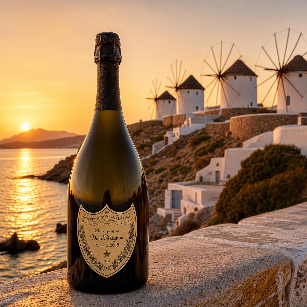 Dom Pérignon Brut Vintage 2015 bottle in front of the Mykonian windmills at sunset