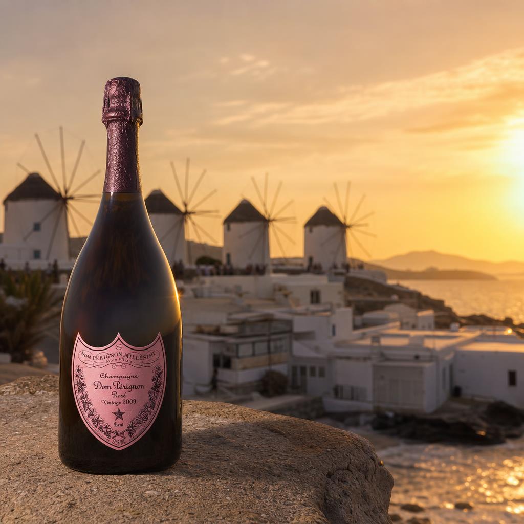 Dom Pérignon Rosé Vintage 2009 bottle in front of the Mykonian windmills at sunset