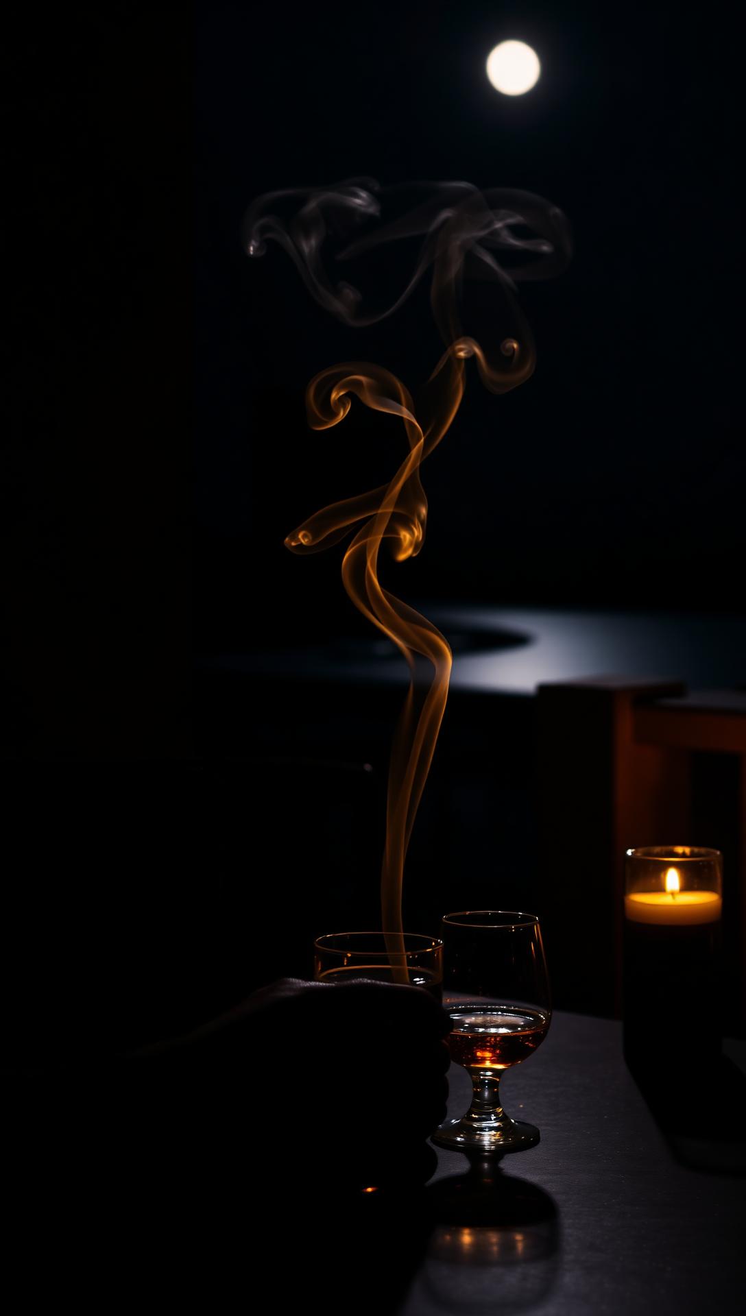Cigar smoke curling around a glass of amber spirit under moonlight