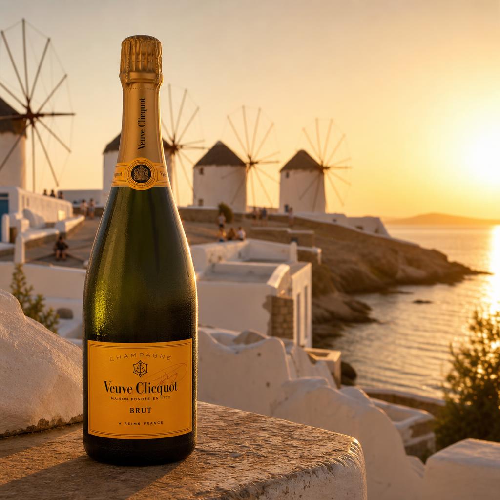 Veuve Clicquot Brut bottle in front of the Mykonian windmills at sunset